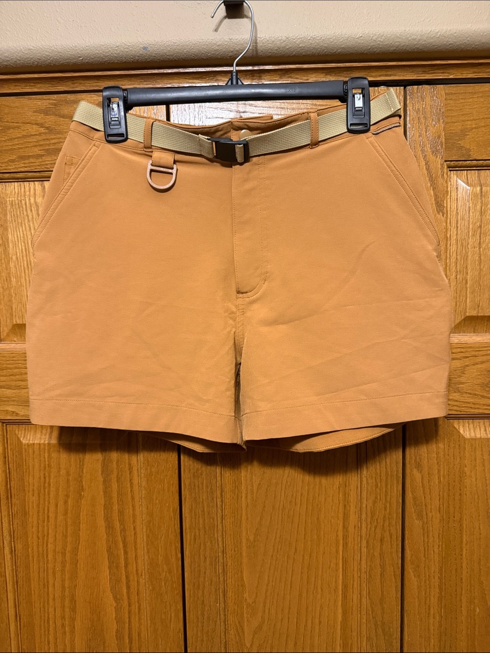 STOIC Women’s Flat-Front Stretch Shorts in Copper Tan with Belt-size 8